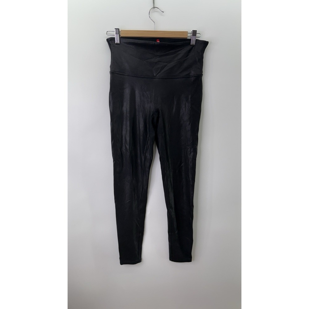 SPANX Faux Leather Black Leggings Stretch Pull On Pants Vegan Women's Size LARGE